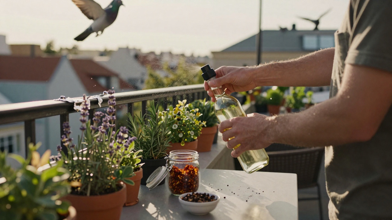 Pessoa regando plantas em vasos no parapeito de um terraço com pombo voando ao fundo.