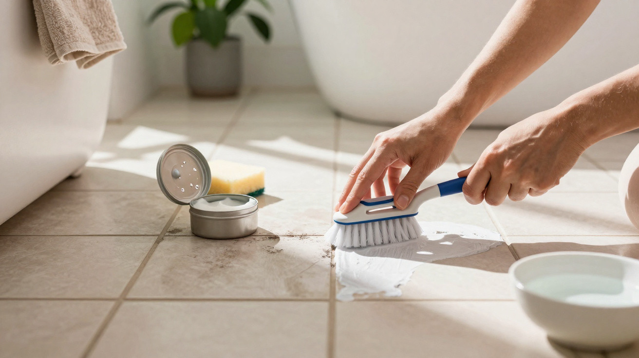 Pessoa limpando sujeira em piso cerâmico com escova e produto de limpeza branco em pote aberto.