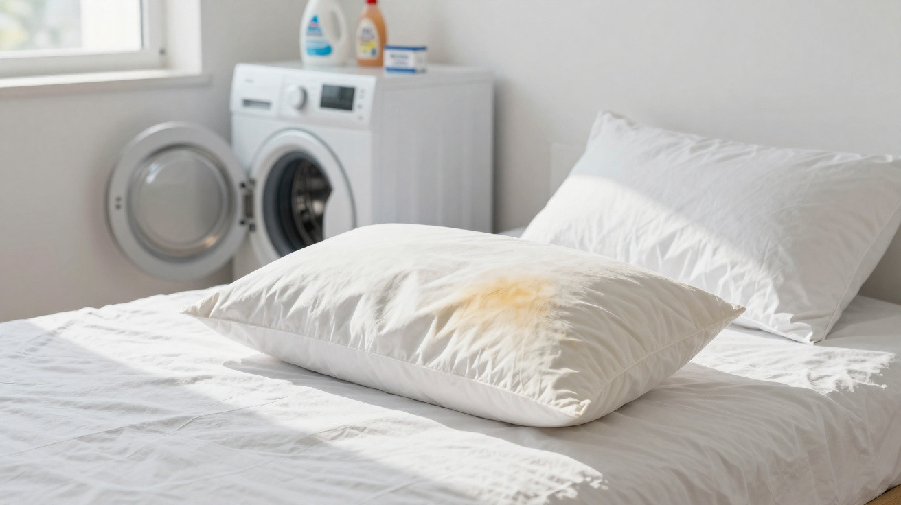 Travesseiro manchado sobre cama branca com máquina de lavar roupa ao fundo em ambiente iluminado.