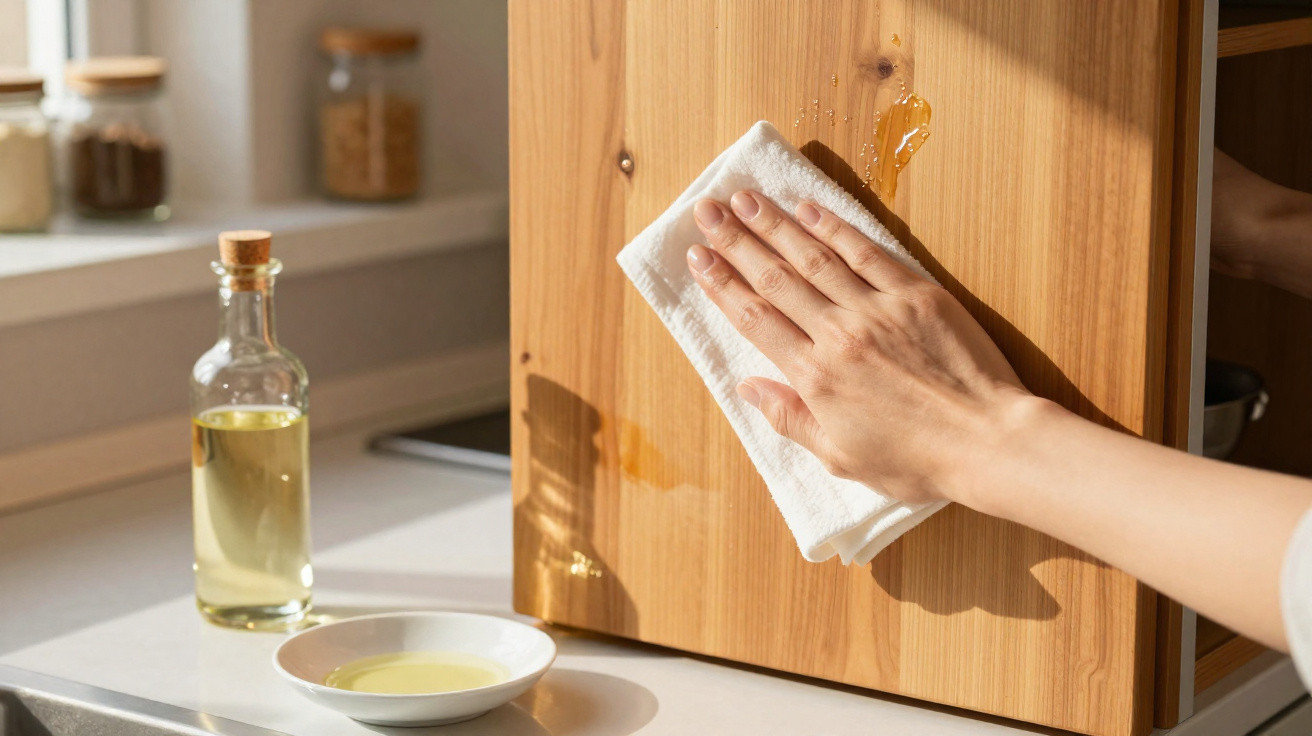Mão limpando líquido derramado em armário de cozinha de madeira com pano branco.