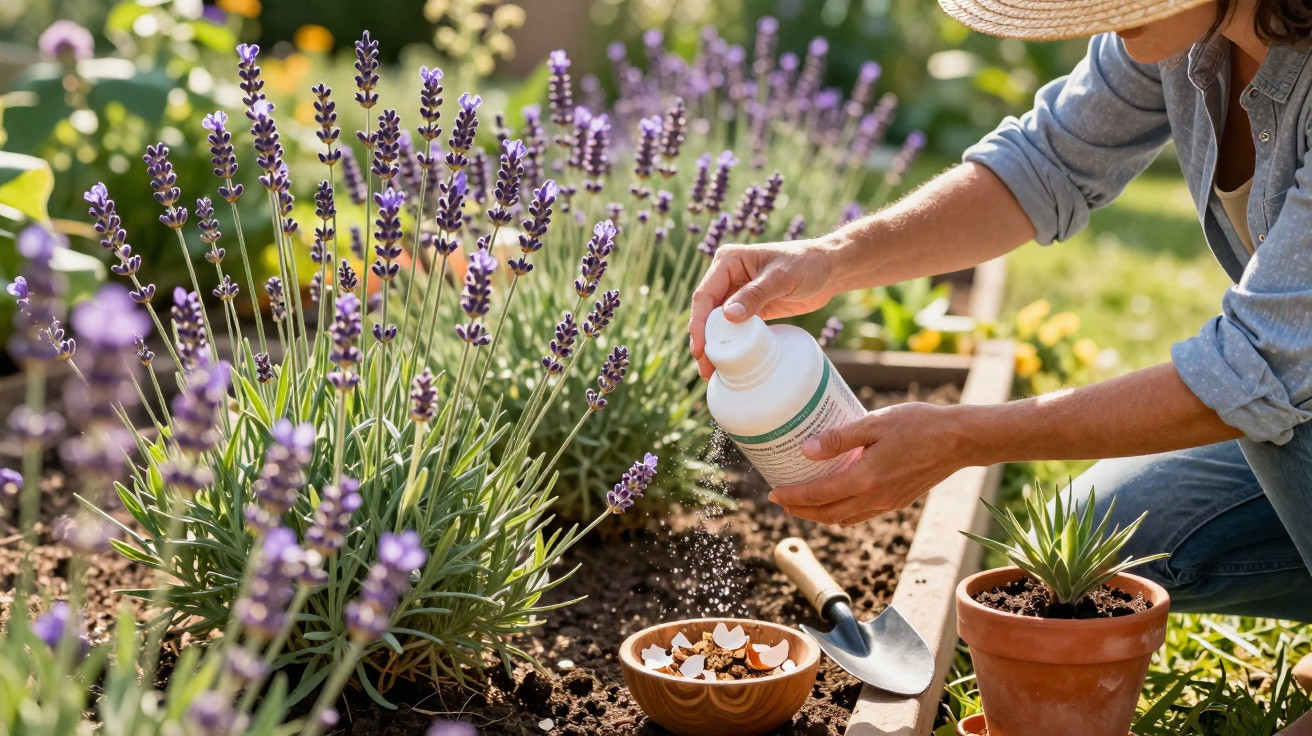 Pessoa aplicando fertilizante em plantas de lavanda em jardim ensolarado com ferramentas de jardinagem.