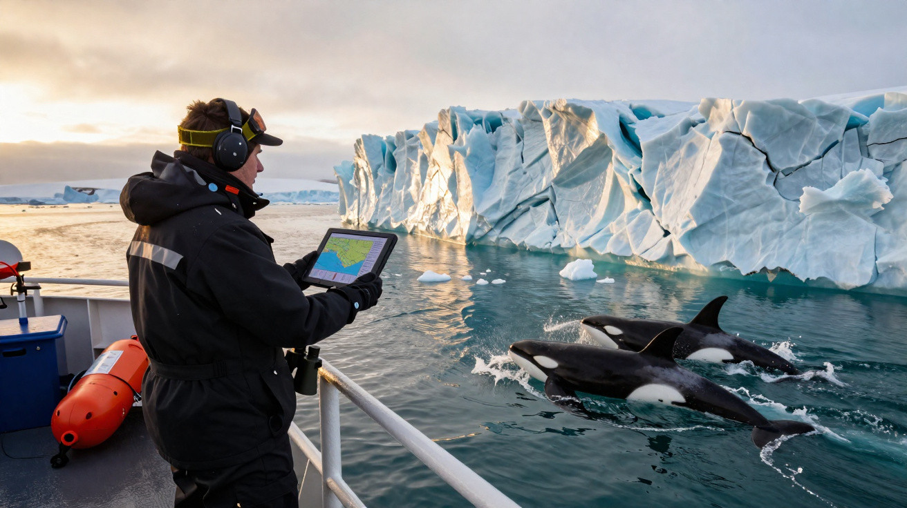 Pesquisador com tablet observa duas orcas nadando perto de um barco em águas geladas com iceberg ao fundo.