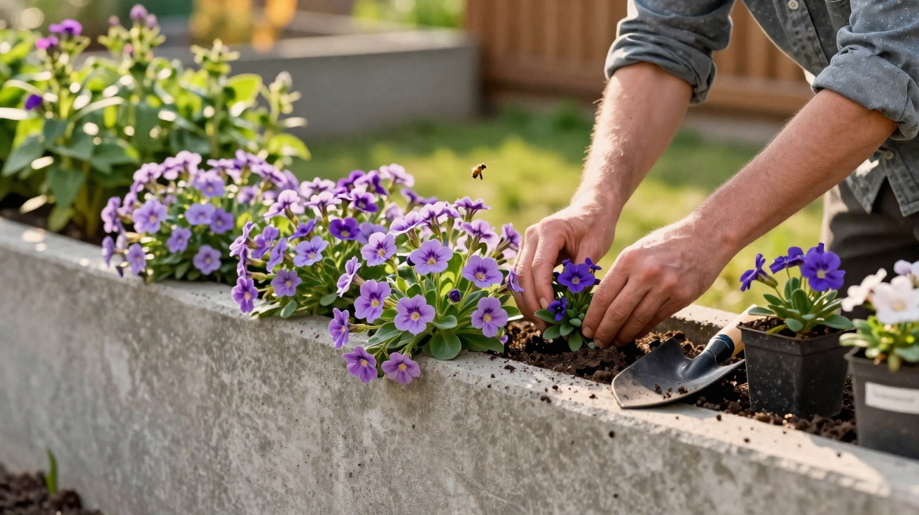 Pessoa plantando flores roxas em um canteiro de concreto em um jardim ensolarado.