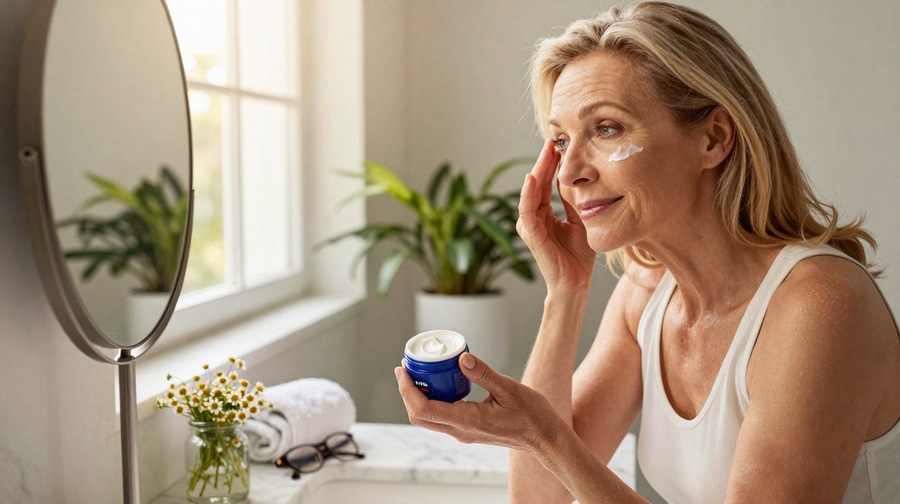 Mulher madura aplicando creme facial perto do espelho em ambiente iluminado natural.