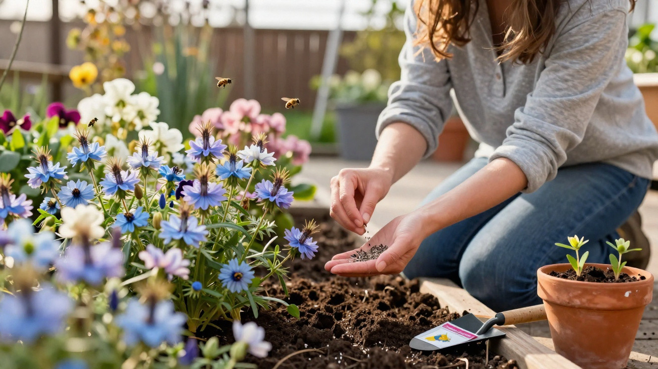 Pessoa plantando sementes em canteiro próximo a flores e abelhas em jardim ensolarado.