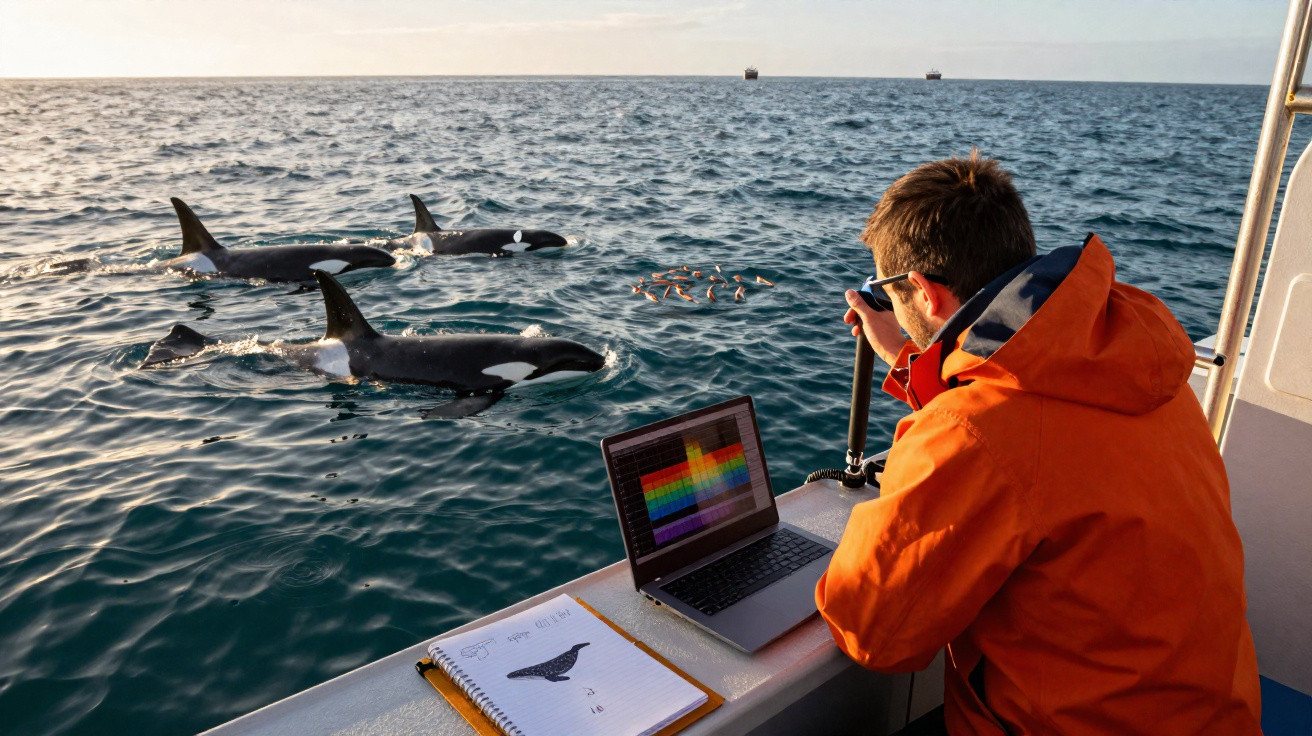 Pesquisador com jaqueta laranja observa orcas nadando próximo a um barco com computador e caderno.