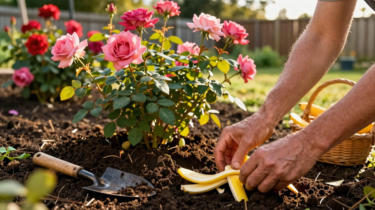 Mãos colocando casca de banana no solo próximo a roseira com flores rosas em jardim ensolarado.