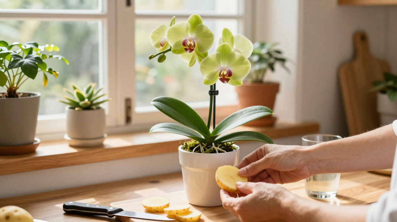Pessoa cortando batatas em fatias ao lado de orquídea amarela em vaso branco na cozinha iluminada.