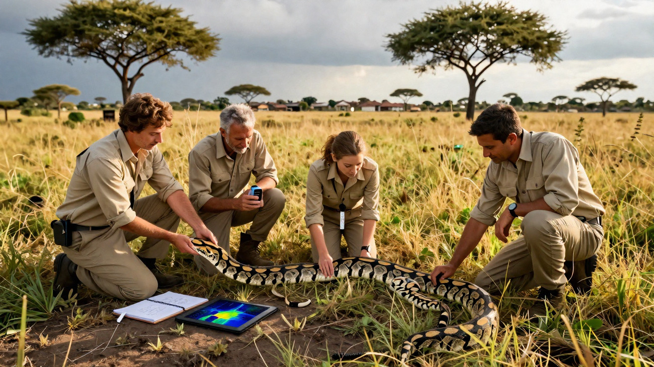 Quatro cientistas em campo seguram e estudam uma grande píton na savana africana sob céu nublado.