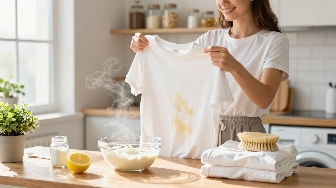 Mulher segurando camiseta branca manchada, com ingredientes para limpar na bancada da cozinha.