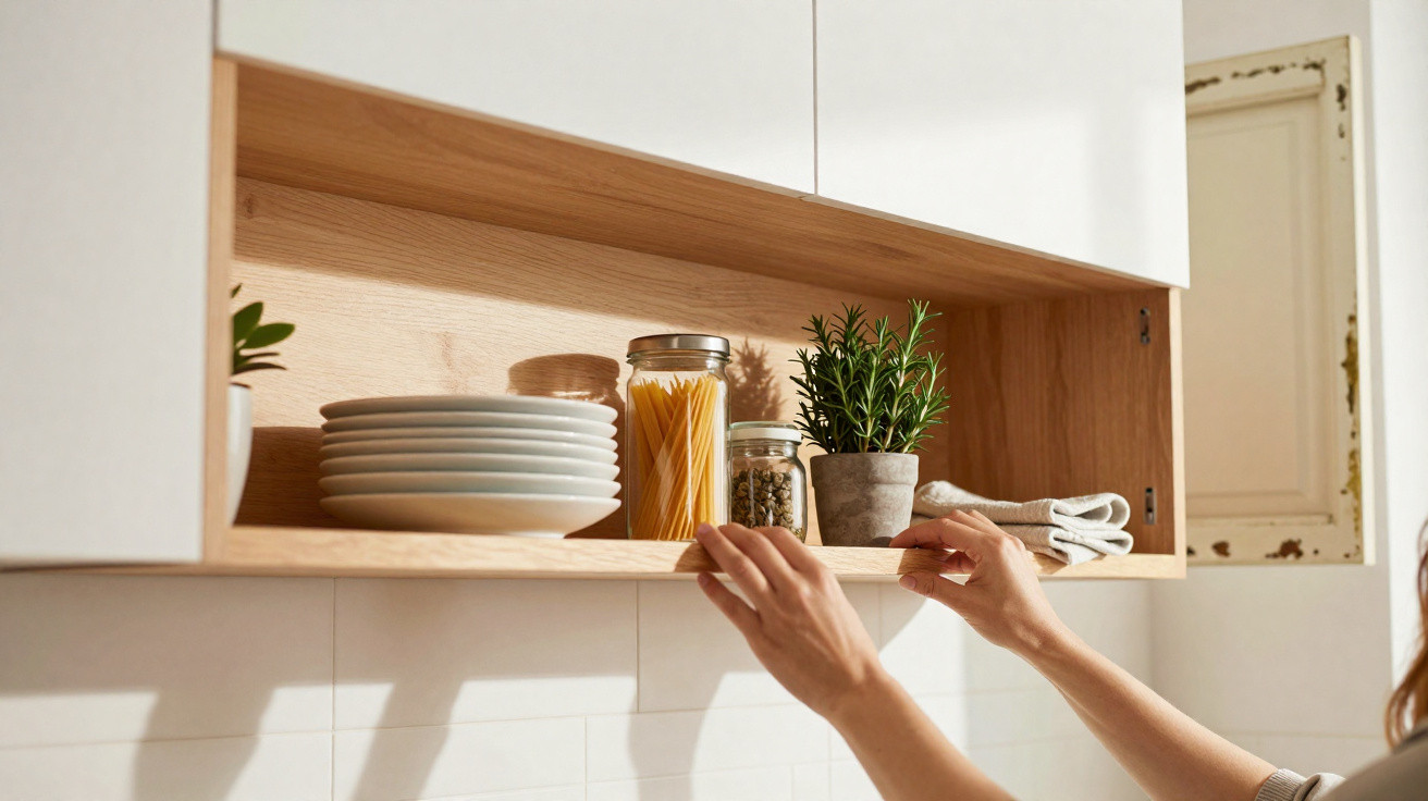 Mãos organizando prateleira de cozinha com pratos brancos, potes com macarrão e ervas em vaso cinza.