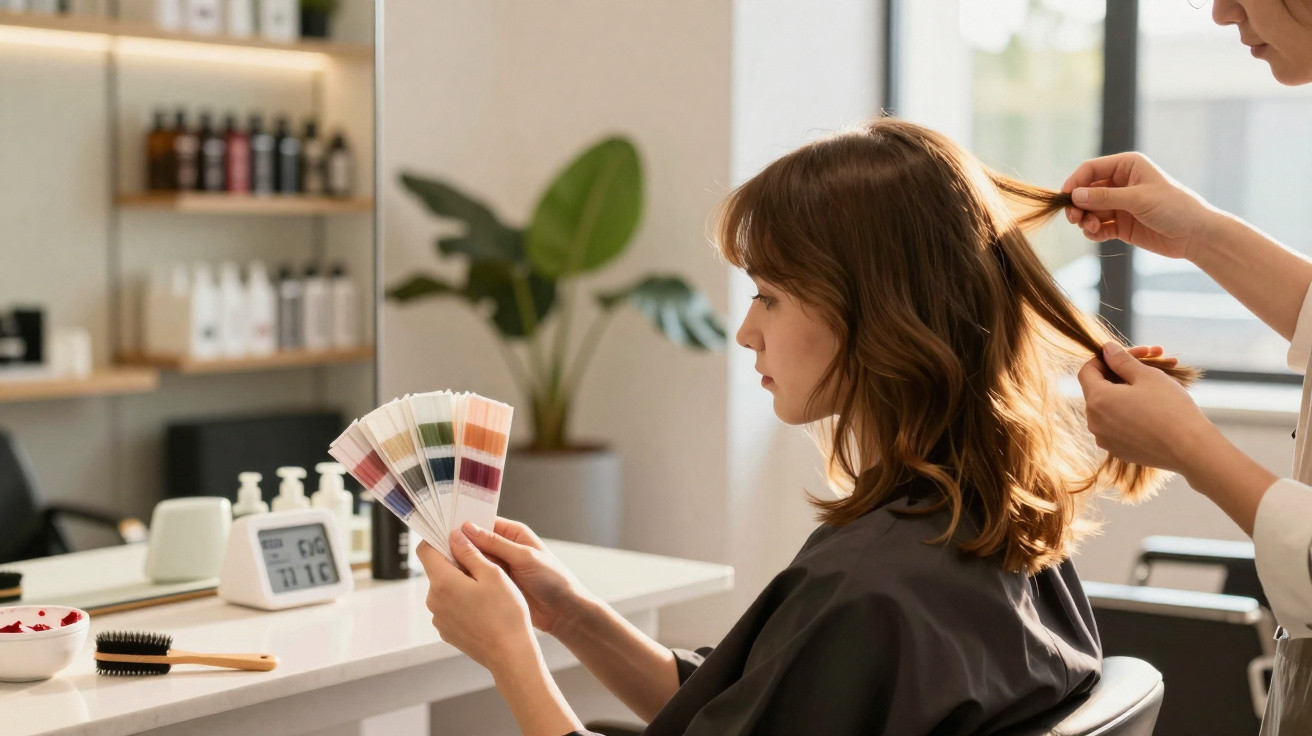 Mulher em salão de beleza segurando amostras de cores enquanto cabeleireiro examina seu cabelo.