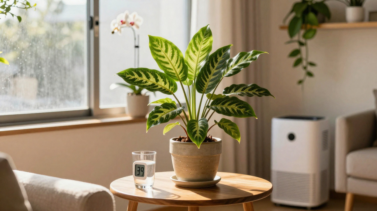 Planta em vaso sobre mesa redonda de madeira ao lado de copo d'água com termômetro digital, sala iluminada.
