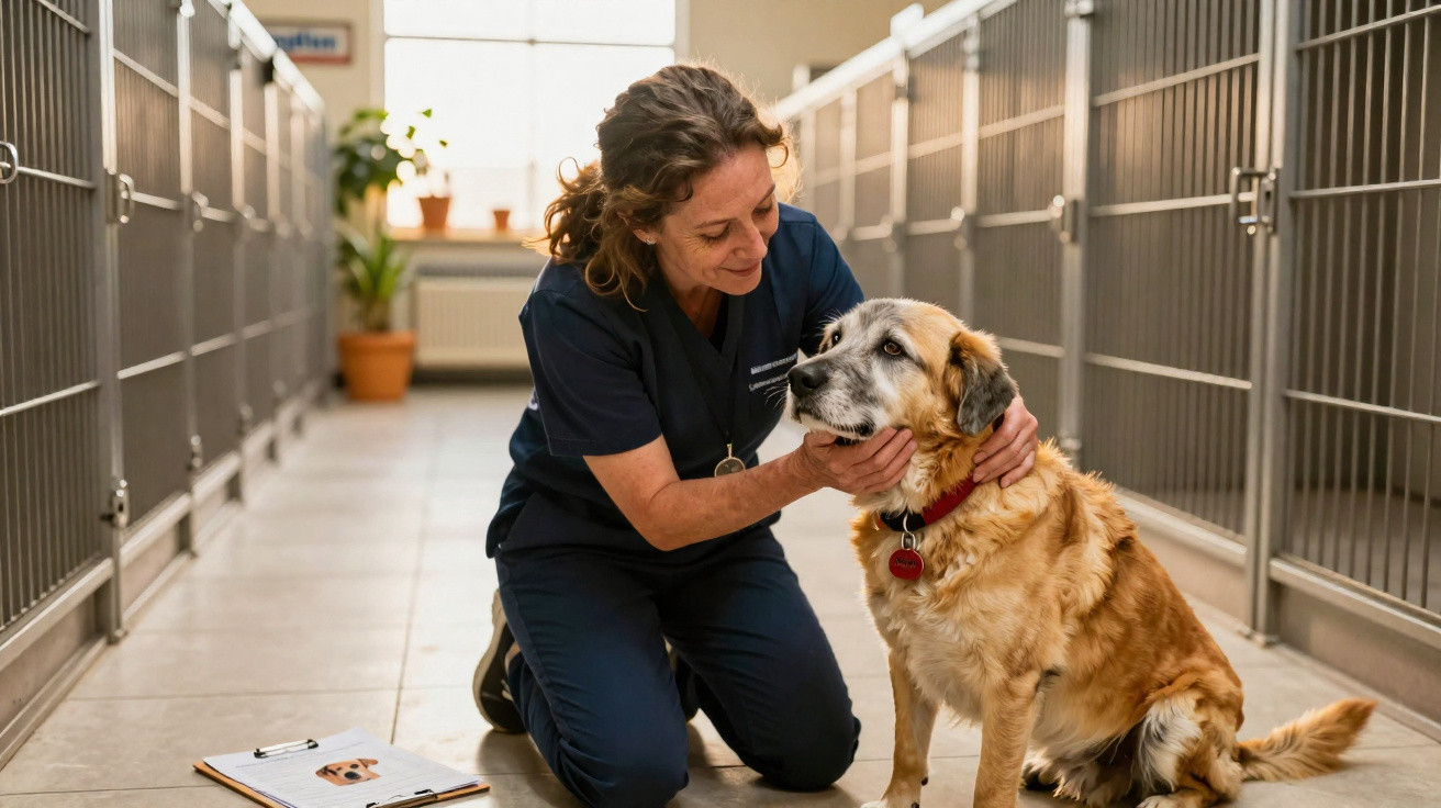 Veterinária ajoelhada acariciando cachorro idoso em corredor de clínica com gaiolas ao fundo.