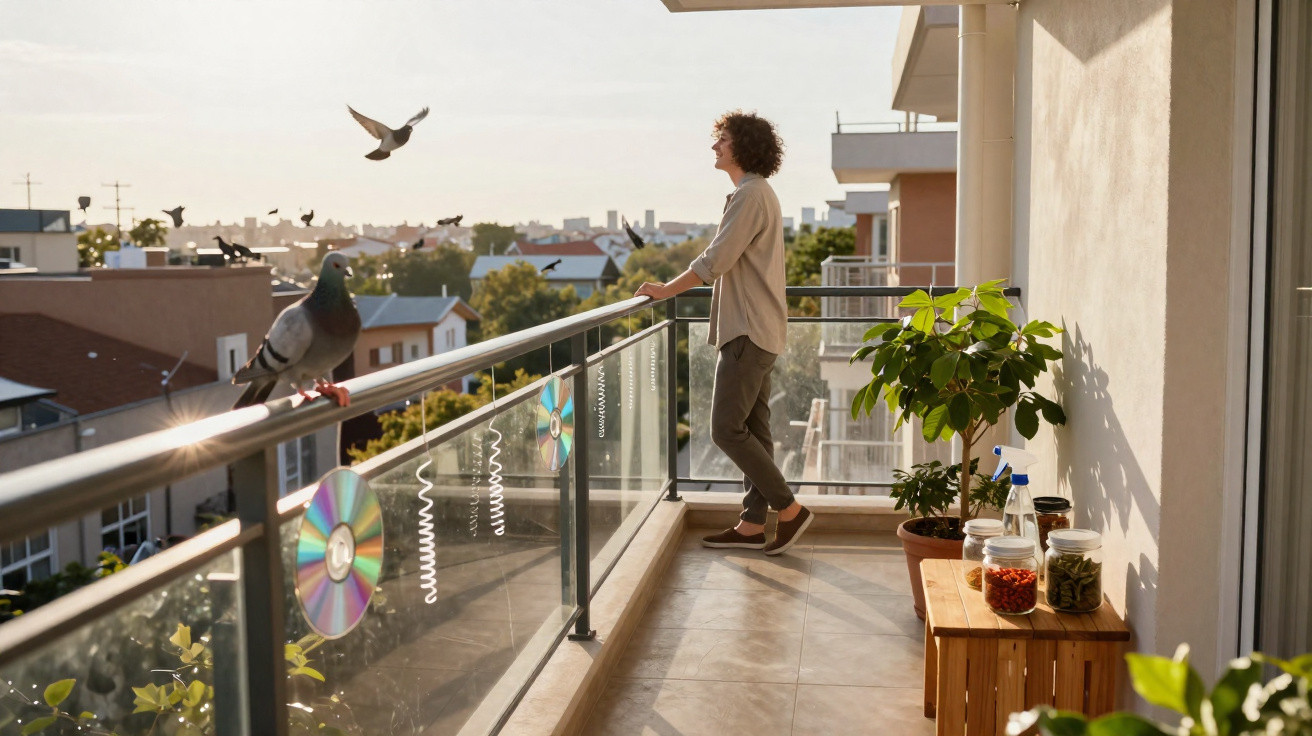 Pessoa em pé na varanda de um apartamento com pombos no parapeito e plantas ao redor, olhando para o horizonte.