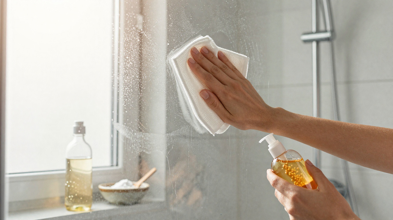 Mão segurando frasco de produto e limpando vidro de box de banheiro com pano branco.