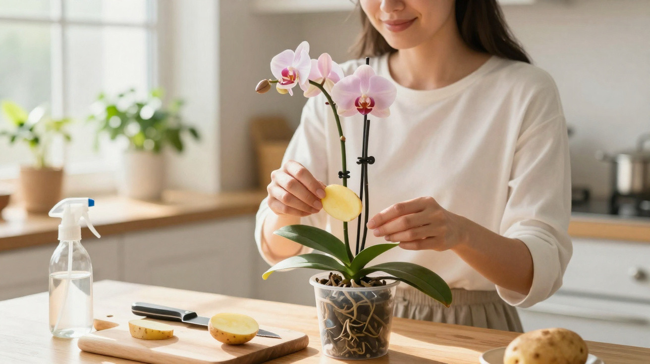 Mulher cuidando de orquídea rosa com batata na cozinha ensolarada.