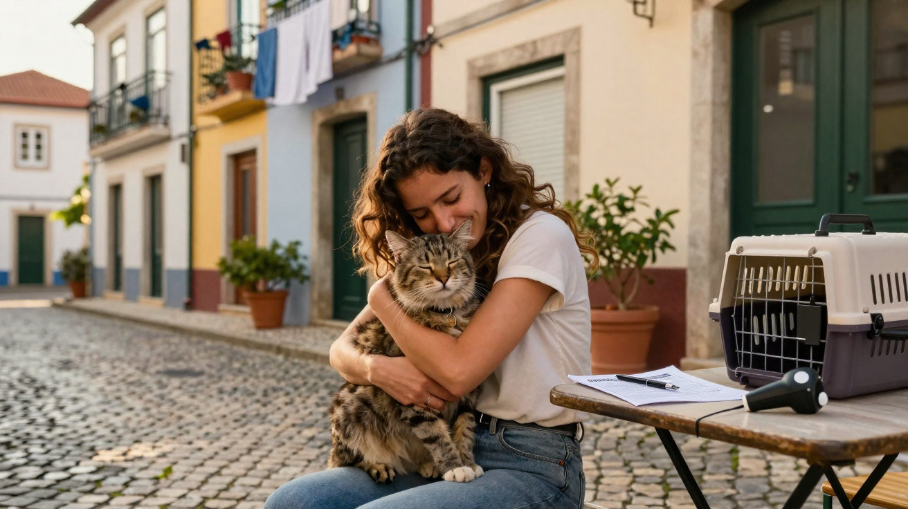 Mulher sentada na rua de paralelepípedos abraçando um gato grande e peludo ao lado de transportadora e documentos.