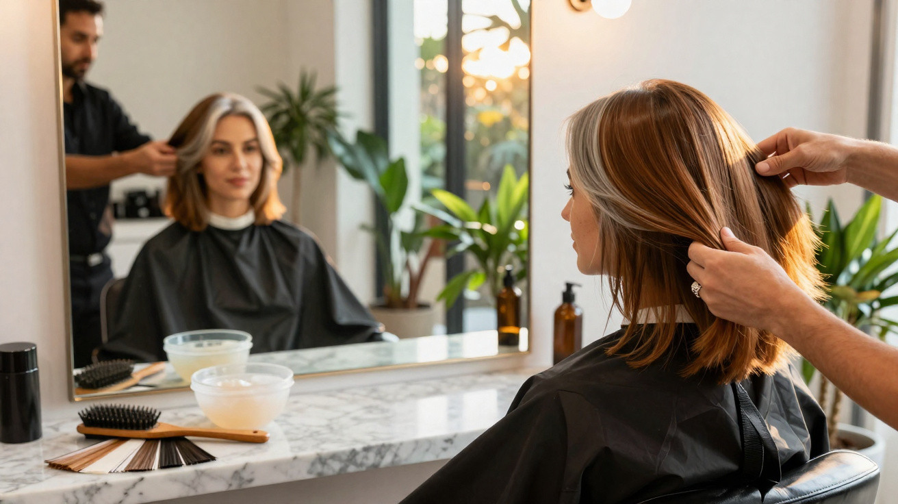 Mulher sentada em cadeira de salão enquanto cabeleireiro analisa seu cabelo na frente do espelho.