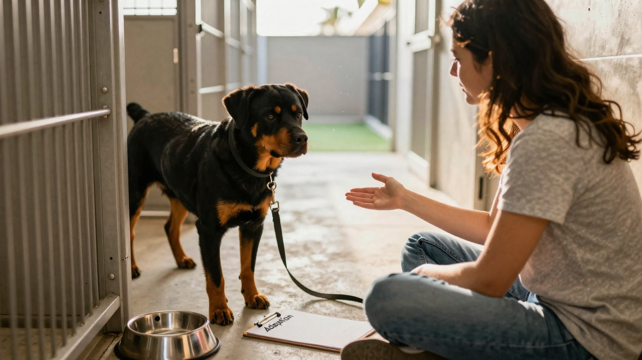 Mulher sentada no chão treinando um cachorro rottweiler dentro de um ambiente fechado.