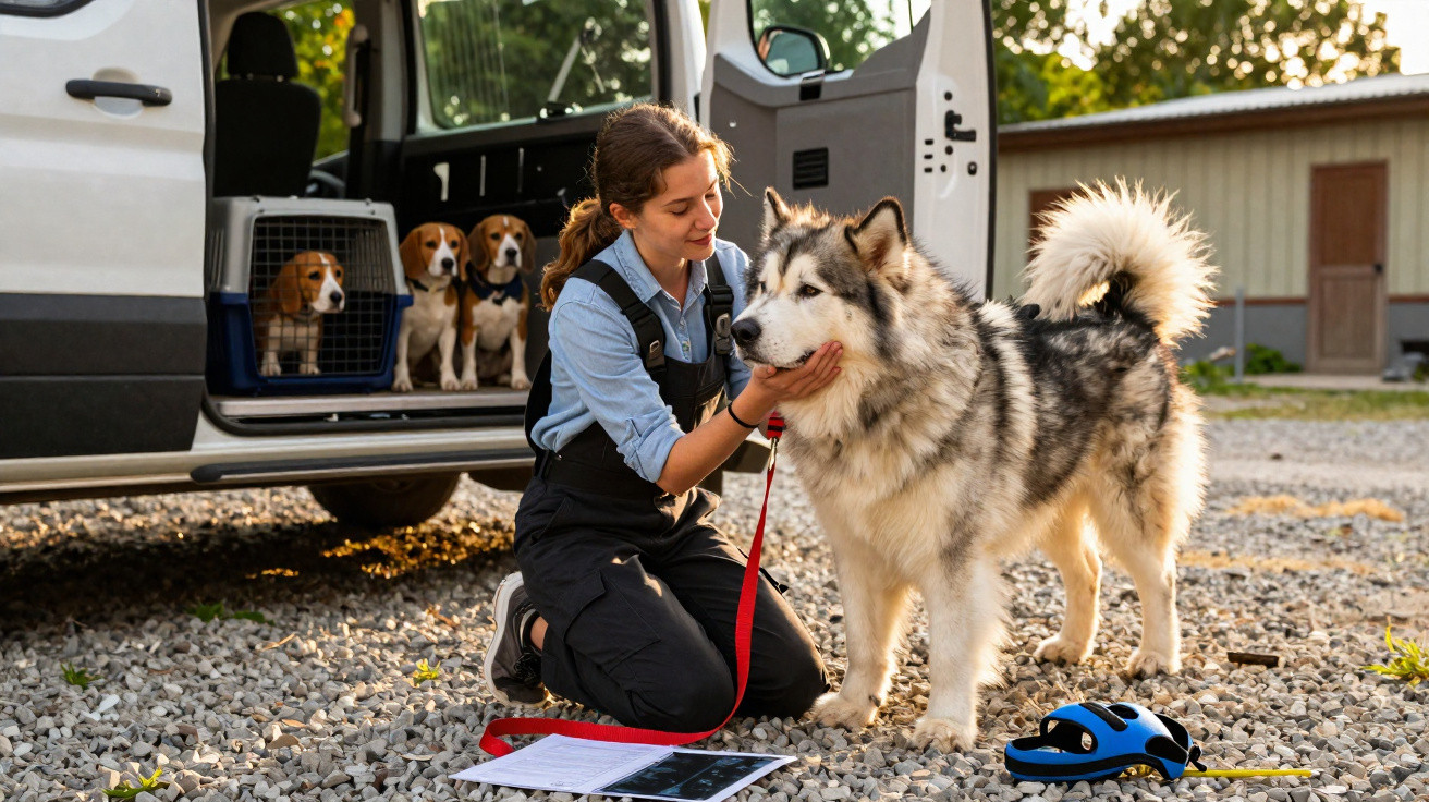 Mulher agachada acaricia cachorro husky ao lado de van com três beagles em caixas de transporte.