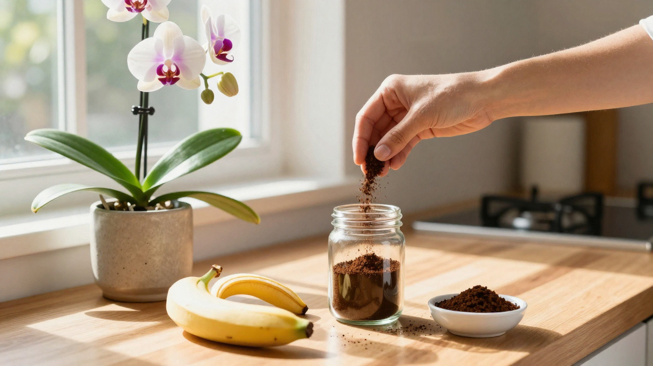 Mão colocando café moído em pote de vidro, com banana e orquídea sobre bancada de madeira iluminada.