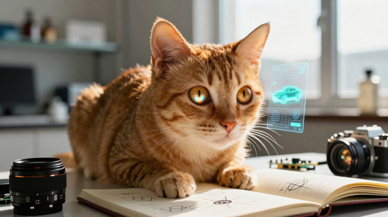 Gato laranja olhando curioso para um holograma de carro flutuante sobre um caderno aberto em uma mesa.