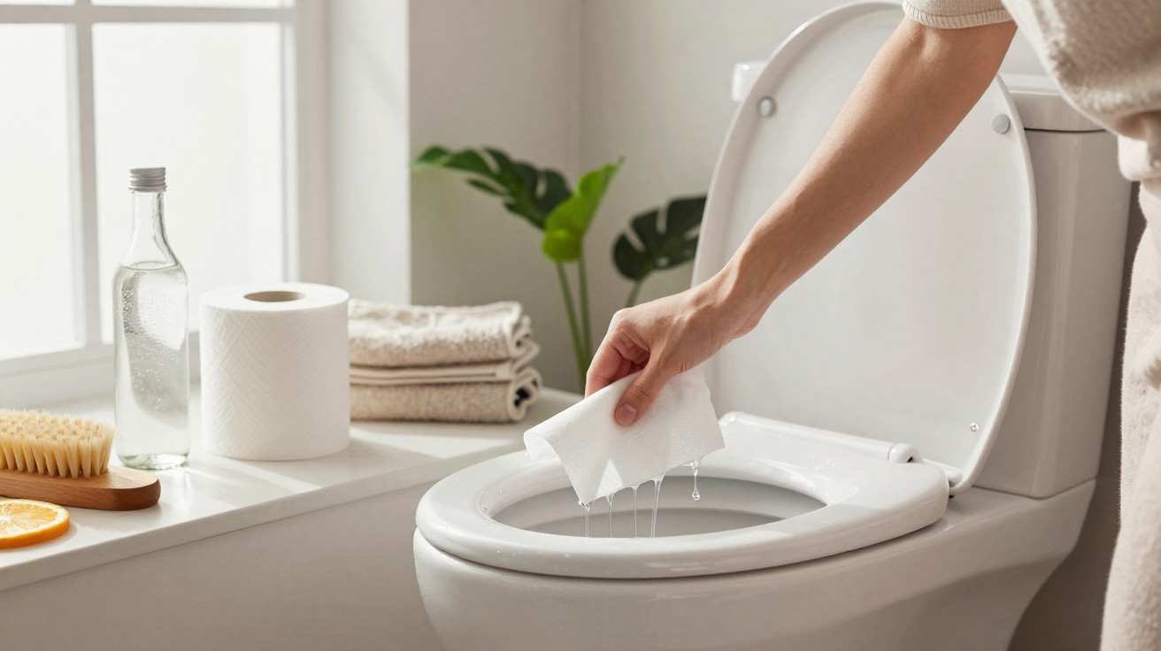 Mão feminina limpando vaso sanitário com papel toalha, banheiro iluminado com toalhas e plantas ao fundo.