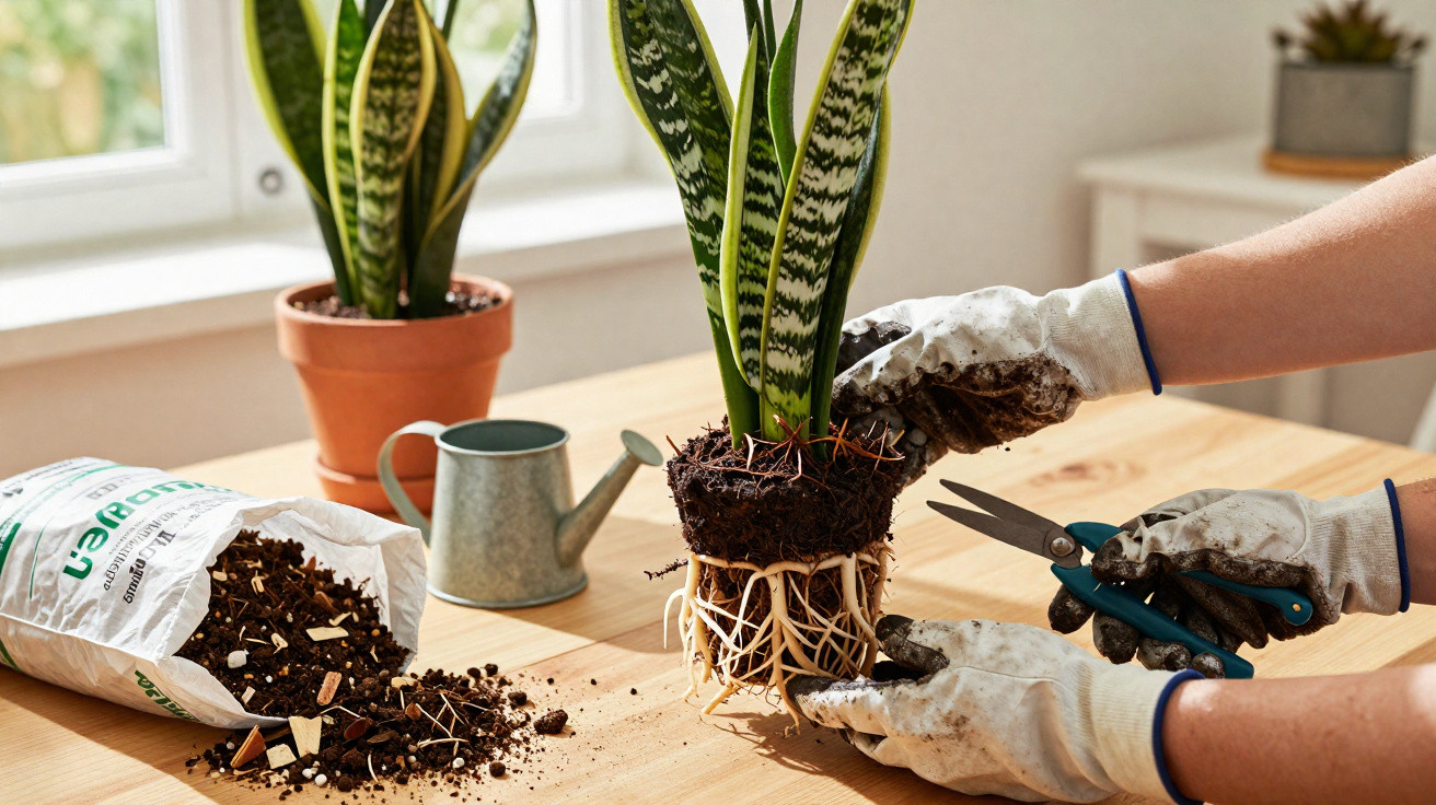 Pessoa com luvas transplantando planta com raízes expostas em vaso de cerâmica sobre mesa de madeira.