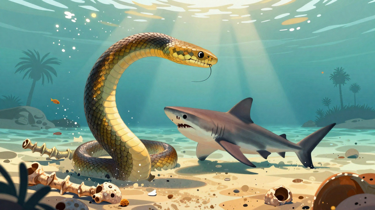 Ilustração subaquática de cobra marinha encarando um tubarão no fundo do mar com ossos e conchas.