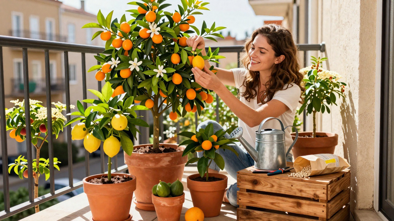 Mulher cuidando de plantas frutíferas em vasos de terracota em varanda ensolarada urbana.