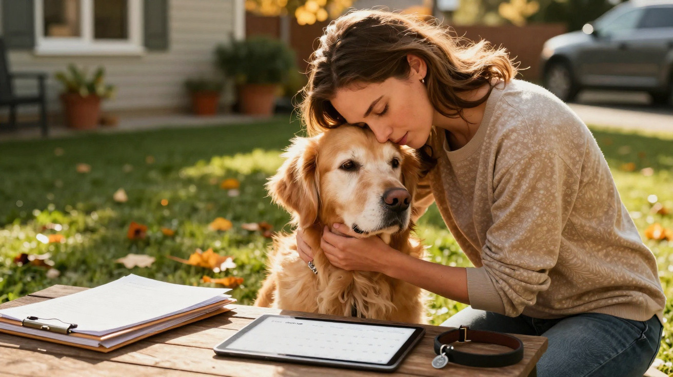Mulher abraçando afetuosamente cachorro golden retriever ao ar livre em mesa com tablet e documentos.