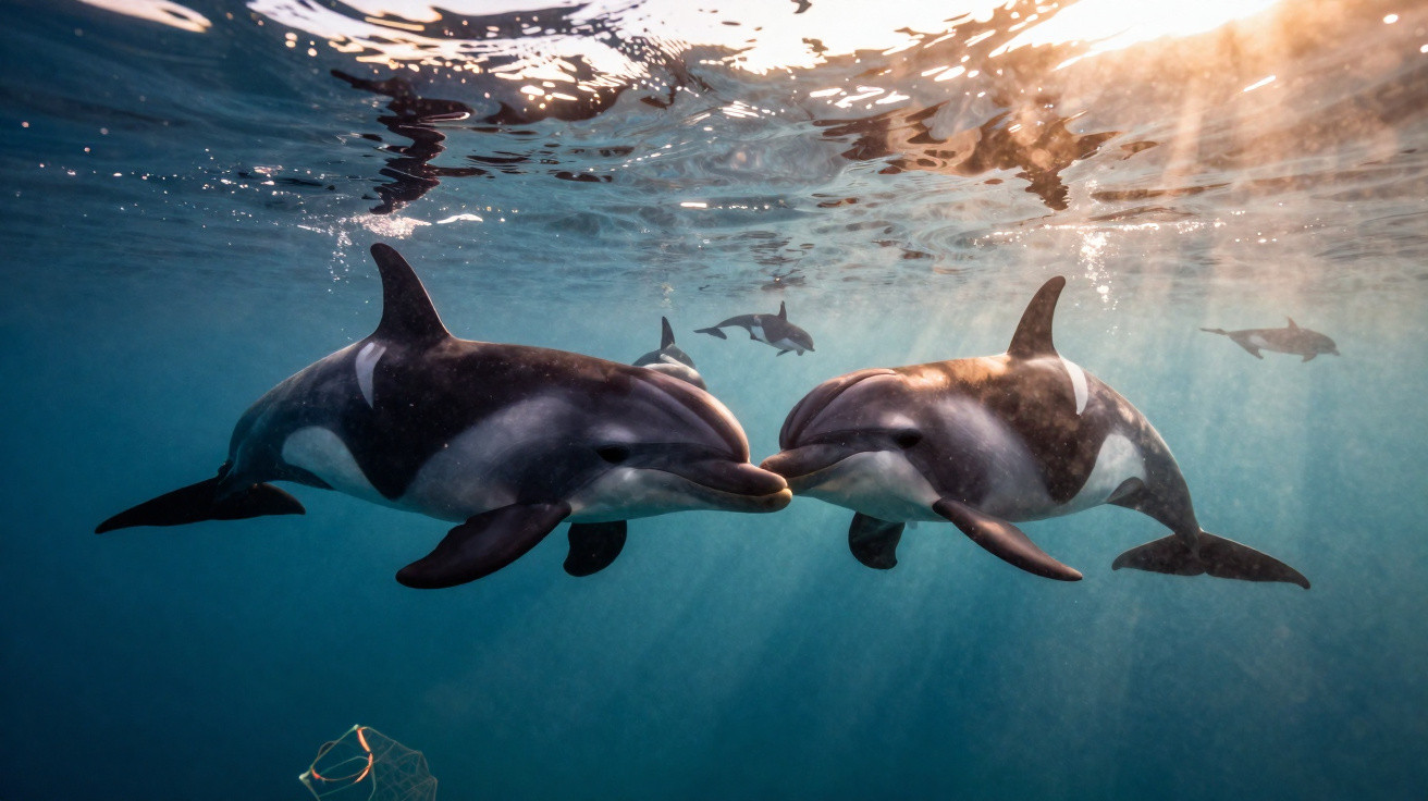Dois golfinhos nadando próximos um do outro em águas claras com luz solar ao fundo.