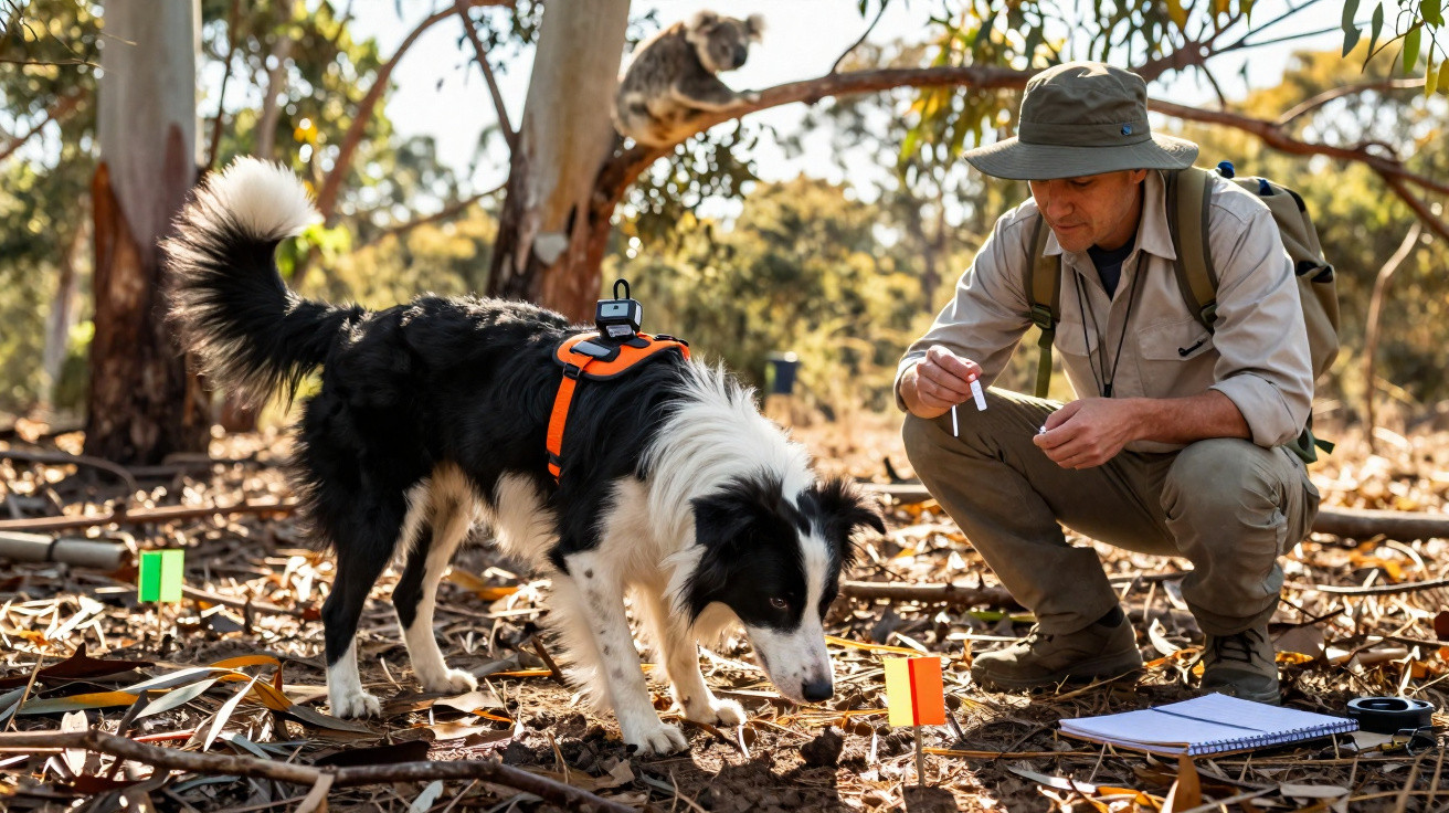 Cachorro farejando o chão com pesquisador agachado anotando dados em área florestal cercada por árvores.