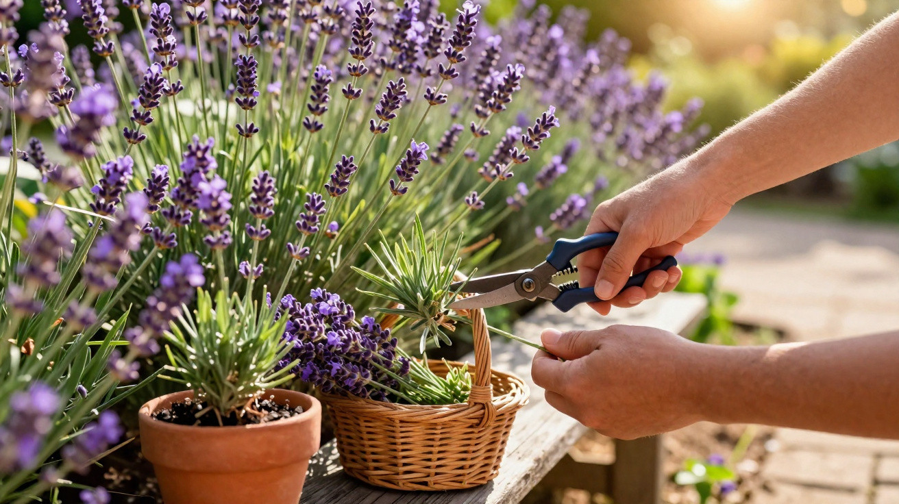 Pessoa colhendo flores de lavanda com tesoura e cesta em jardim ao sol.