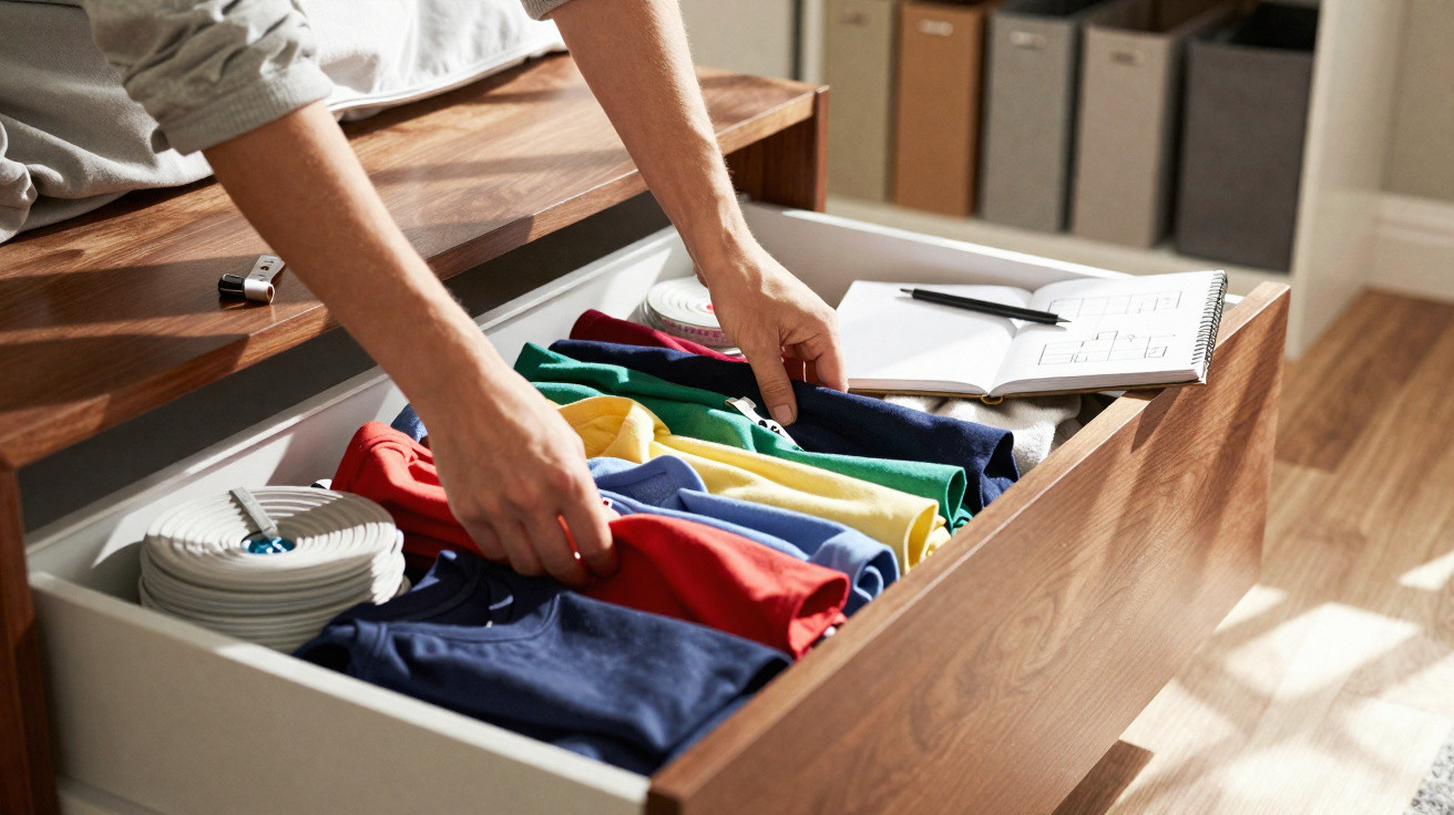 Pessoa organizando camisetas coloridas em gaveta de madeira com caderno aberto ao lado.