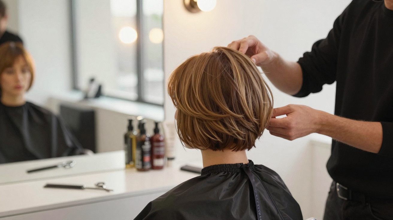 Pessoa com cabelo curto loiro sendo arrumado por profissional em salão de beleza.
