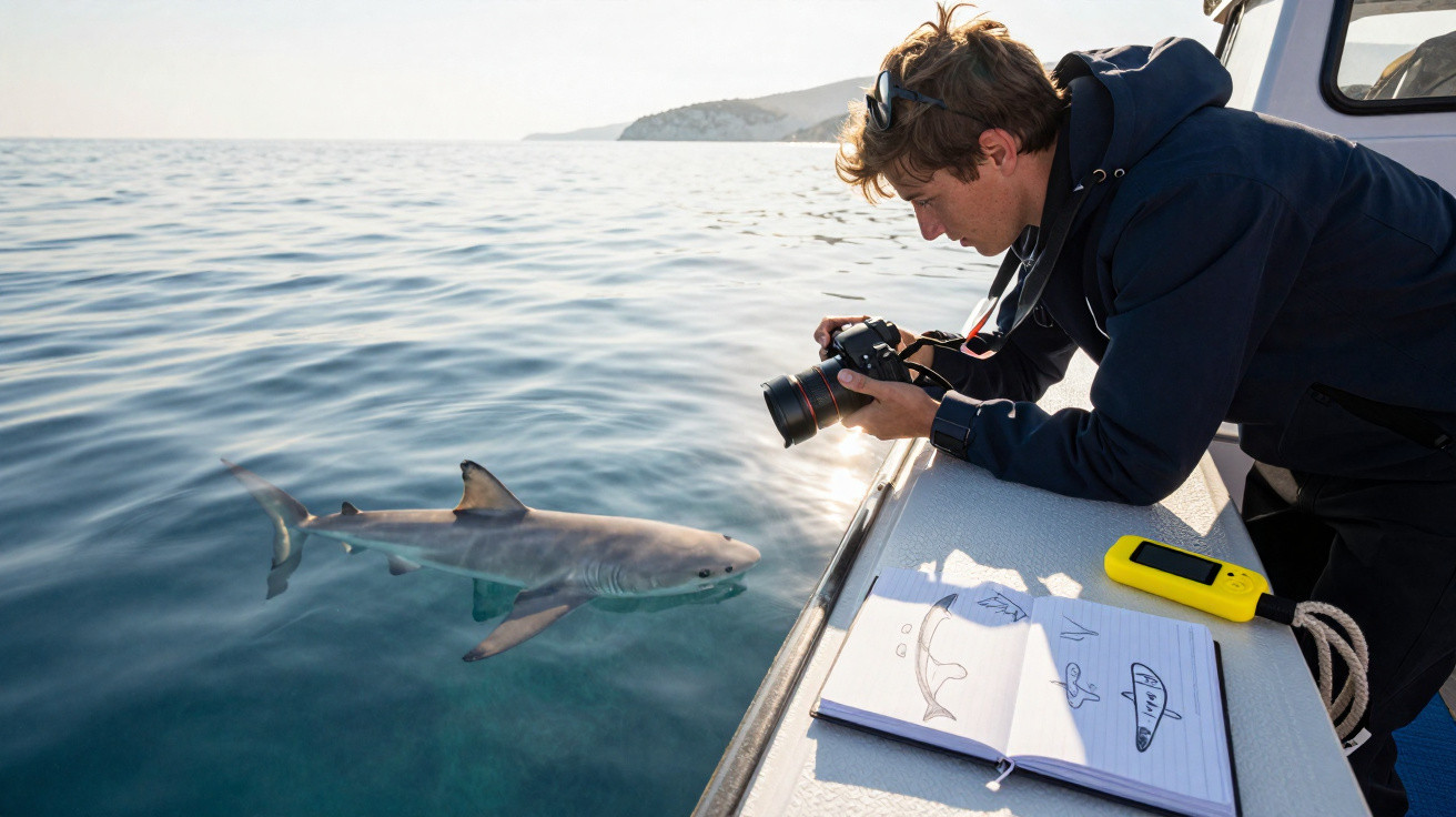 Homem fotografa tubarão próximo à superfície do mar a partir de um barco com caderno de desenhos aberto.