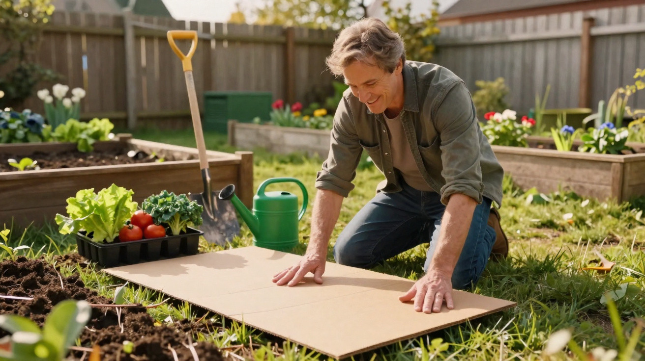 Homem ajoelhado no jardim preparando área para plantio com papelão, ao lado de regador, pá e vasos de mudas.