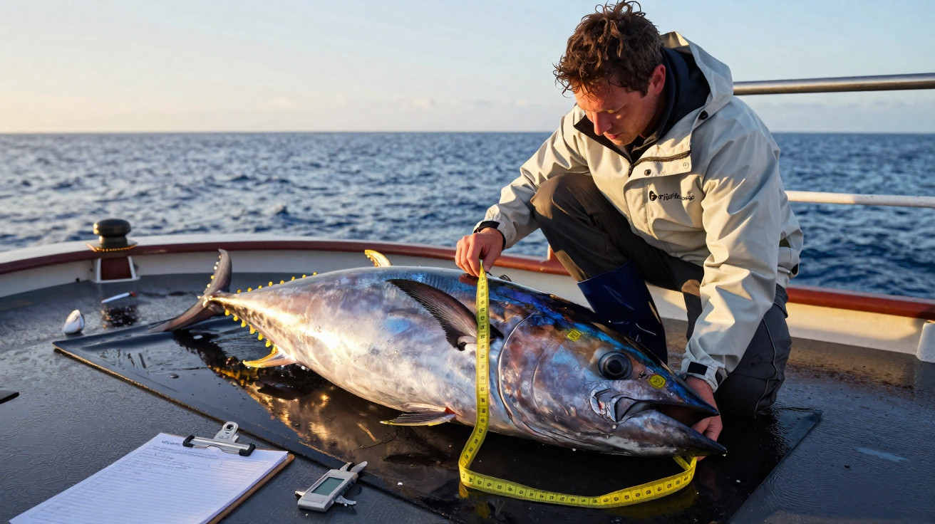 Homem mede com fita métrica um grande peixe atum em barco no mar ao amanhecer.