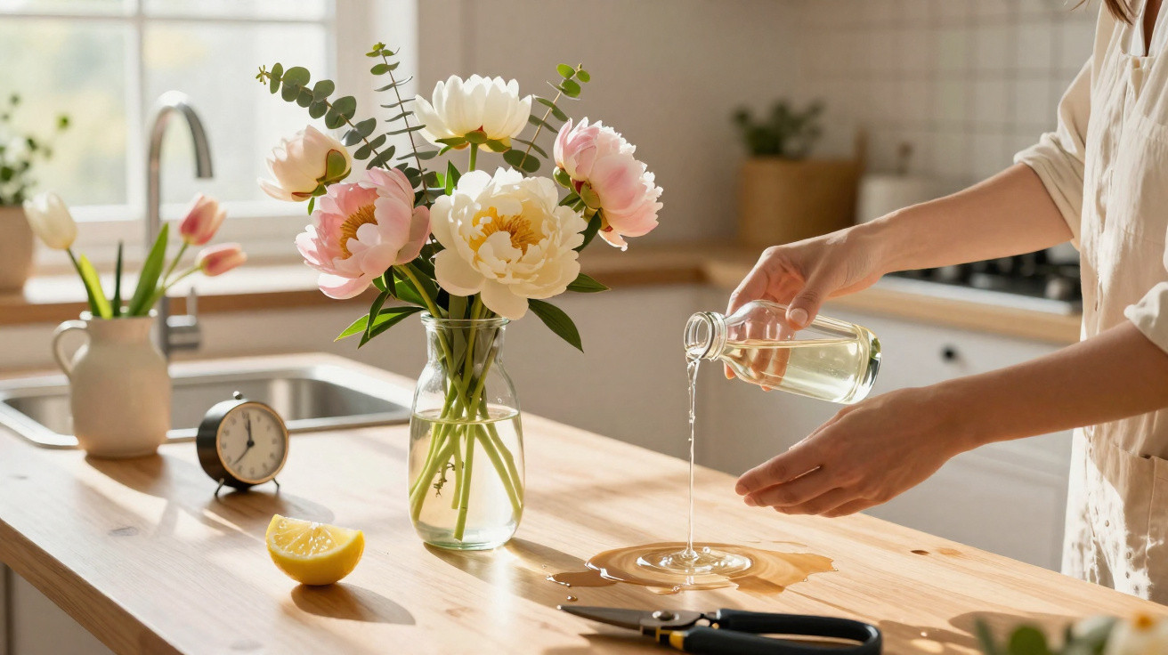 Pessoa derramando água em cima da mesa de madeira com vaso de flores e limão cortado ao lado.