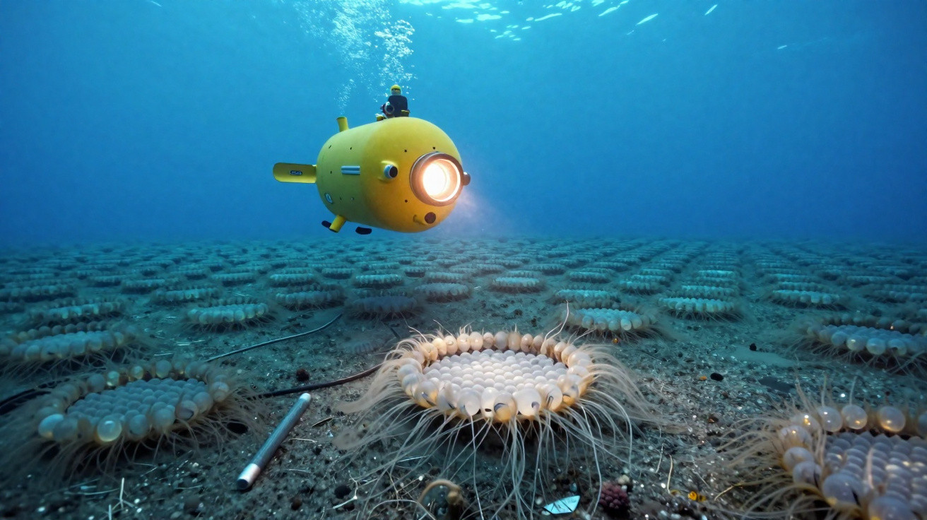 Submarino amarelo iluminando organismo marinho circular no fundo do oceano com águas azuis profundas.