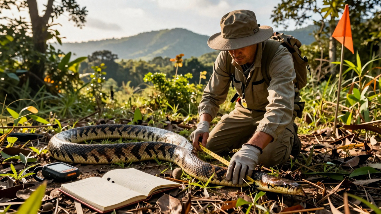 Pesquisador medindo uma jiboia gigante na mata com caderno, equipamento e bandeira laranja ao fundo.