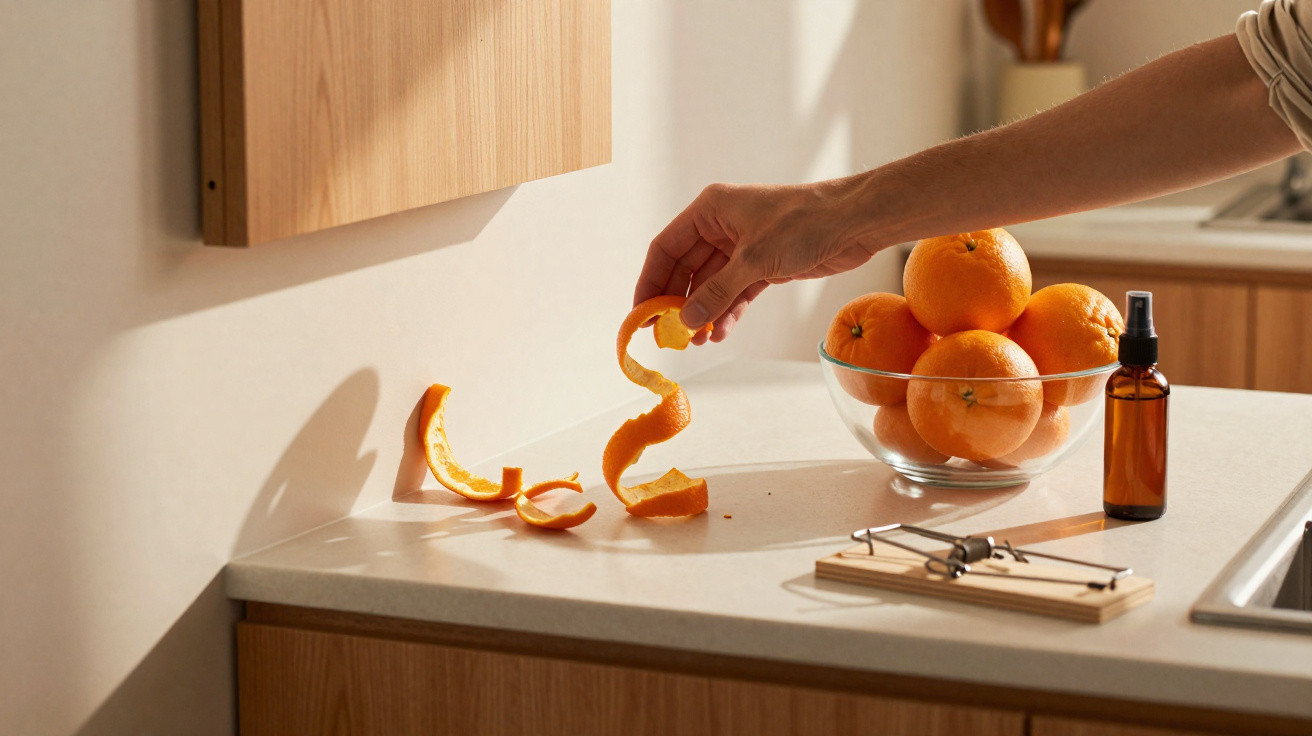Mão segurando casca de laranja em espiral sobre bancada de cozinha com tigela de laranjas e frasco marrom.