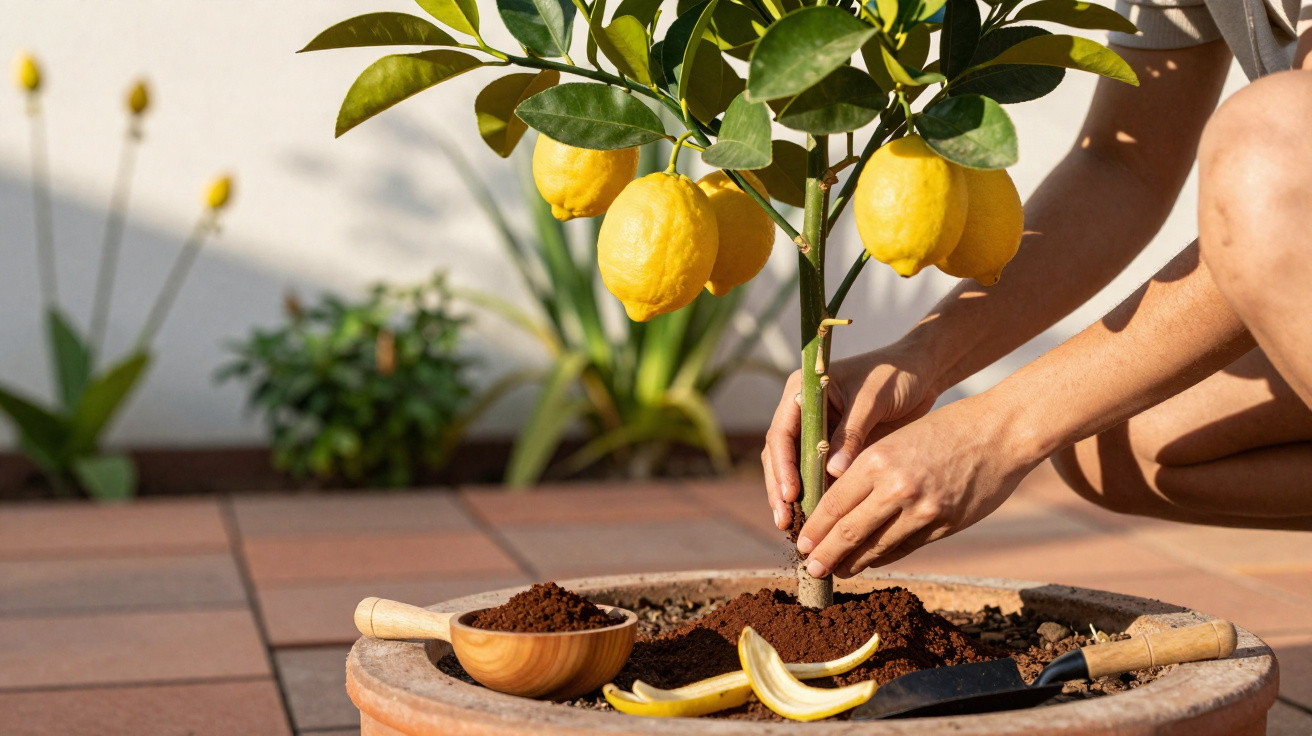 Pessoa plantando limoeiro em vaso grande com terra e ferramentas de jardinagem.