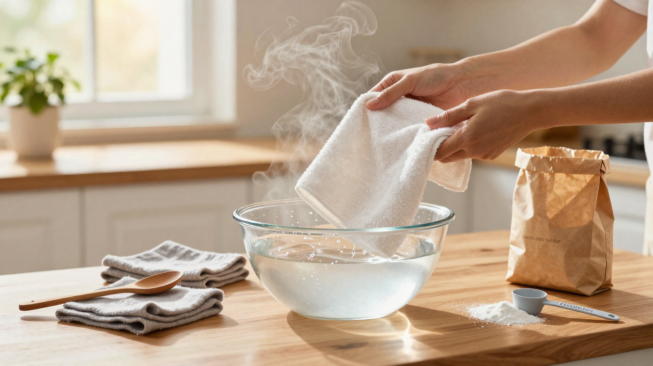 Mãos seguram pano branco acima de tigela de vidro com água quente e vapor em mesa de cozinha clara.