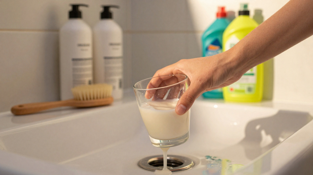 Pessoa despejando vidro com leite pela pia, com produtos de limpeza ao fundo.