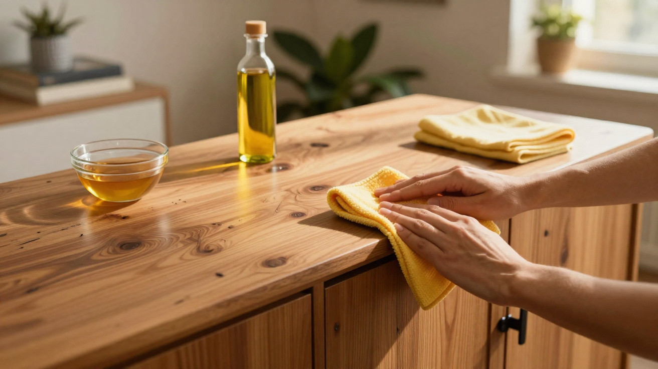 Mãos limpando móvel de madeira com pano amarelo, com óleo e recipiente ao fundo.