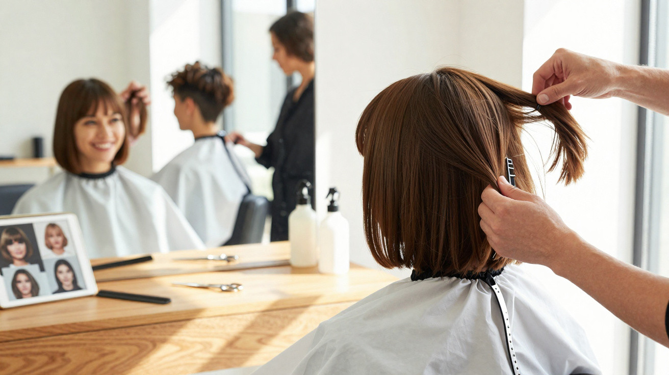 Mulher sorrindo enquanto cabeleireiro prepara corte de cabelo em salão moderno.
