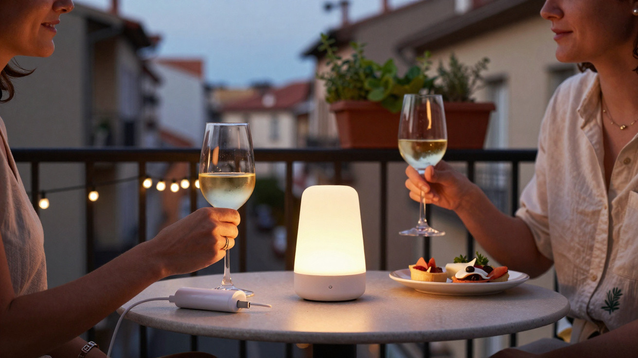 Duas pessoas brindam com taças de vinho branco em mesa com lâmpada e sobremesas em varanda ao entardecer.